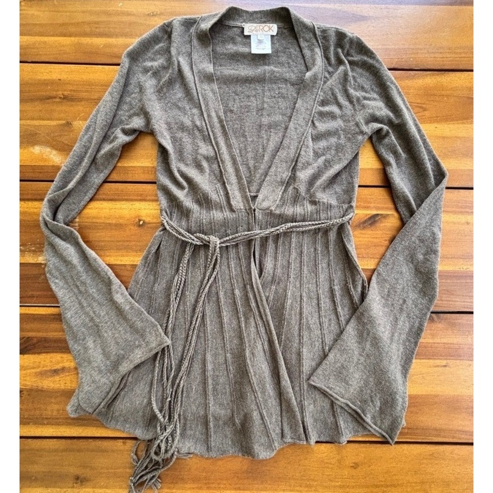 Anthropologie LaRok Cotton Cashmere Tie Front Cardigan Brown Boho Size XS